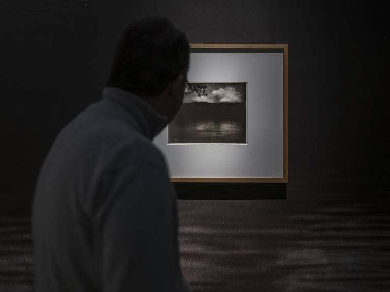 Un visiteur dans la salle Inspired by Steichen